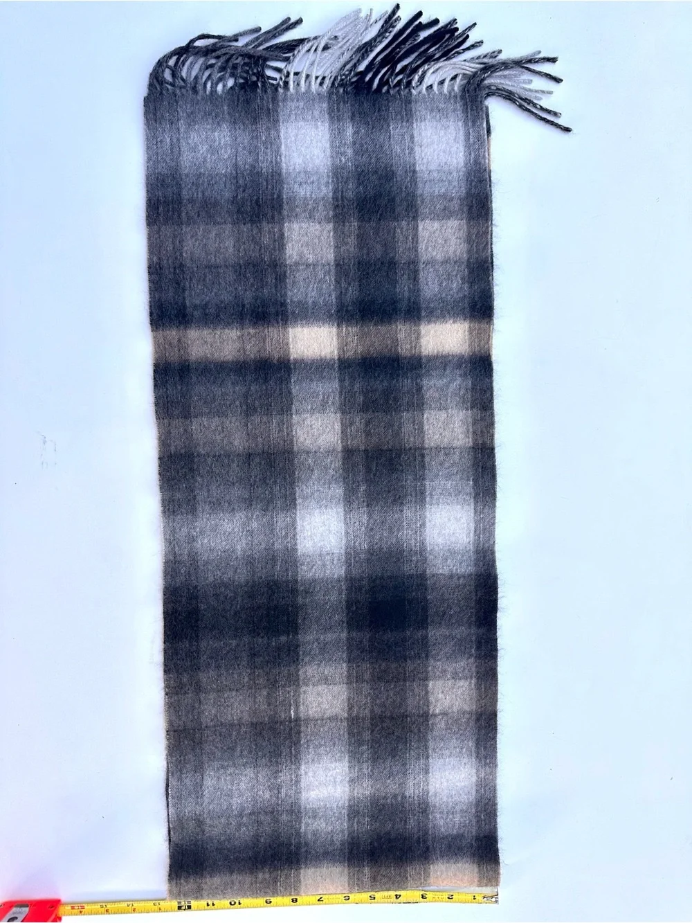 100% Cashmere Cozy Plaid Fringe Scarf in Gray, Black, and Cream